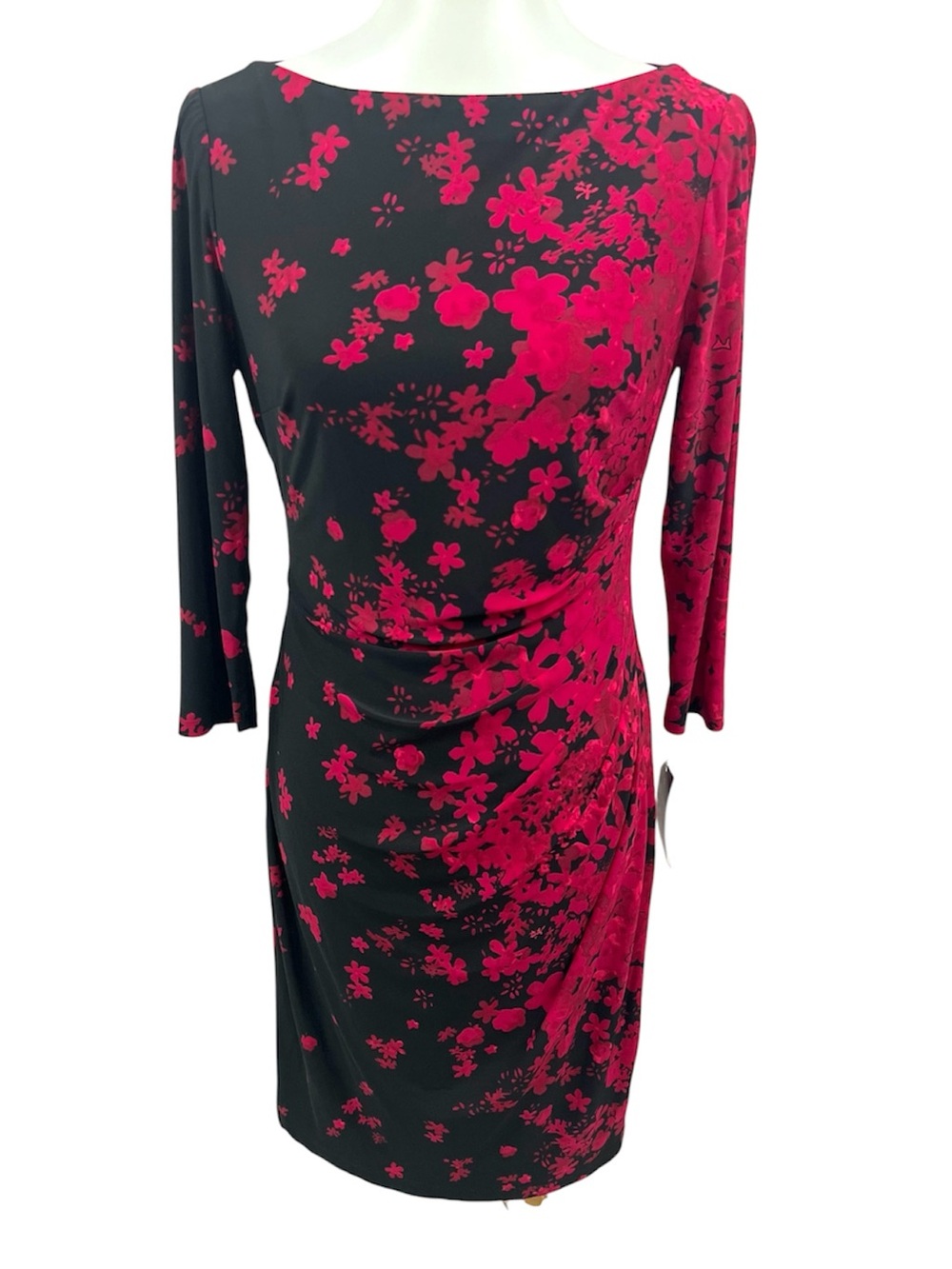 Chaps Ralph Lauren Asymmetrical Ruched 3/4 Sleeve Asian Floral Sheath Dress